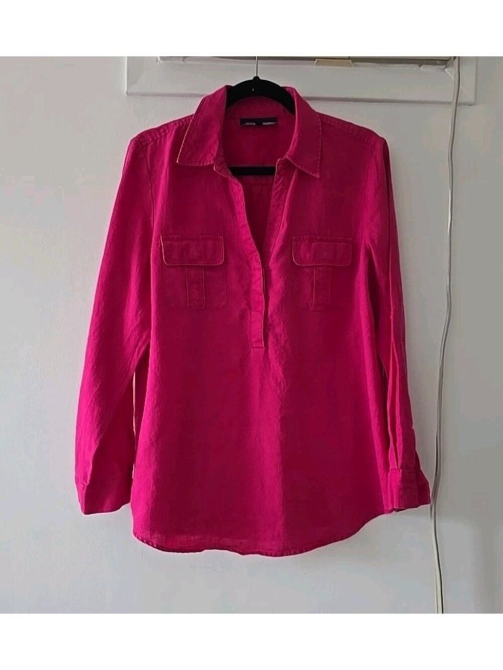 Jones New York Linen Tunic Roll Tab Long Sleeve Shirt Blouse Pink Top Size L